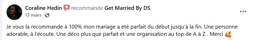 avis Mariage de Coraline & Clément  - get married by ds